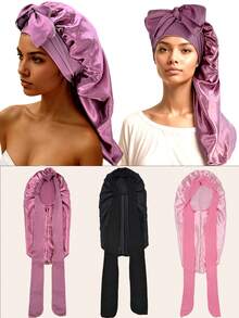 Women's Pink Elastic Tie Band,Long Satin Silk Bonnet Hair Cap Curly Hair Wrap Sleeping Cap For Long Hair, Braids, Dreadlocks, Curly Hair Silk Bonnet Satin Bonnet Bow.