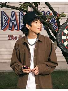 Men's American Vintage Washed Cotton Long-Sleeve Shirts - High-Street Loose-Fit Couples Outerwear - 咖啡棕 - 查看 2