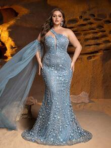 GIFORU Luxury Blue-Grey Beaded Gown With Attached Cape - One Shoulder Sequined Embroidery Dress For Red Carpet Events, Opera Galas And Evening Parties Wedding Spring - Dusty Blue - View 4