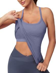 Workout Tops Women With Built In Bra, Sleeveless Gym Tops Seamless Racerback Athletic Yoga Shirts, Activewear - 藍色 - 查看 11
