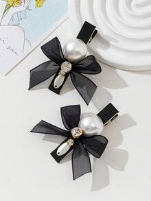 2pcs/Set Elegant Black Bow & Faux Pearl Design Hair Clips & Bag Decor, Suitable For Daily Wear, Festivals, Dates, Gifts, Cute Accessories
