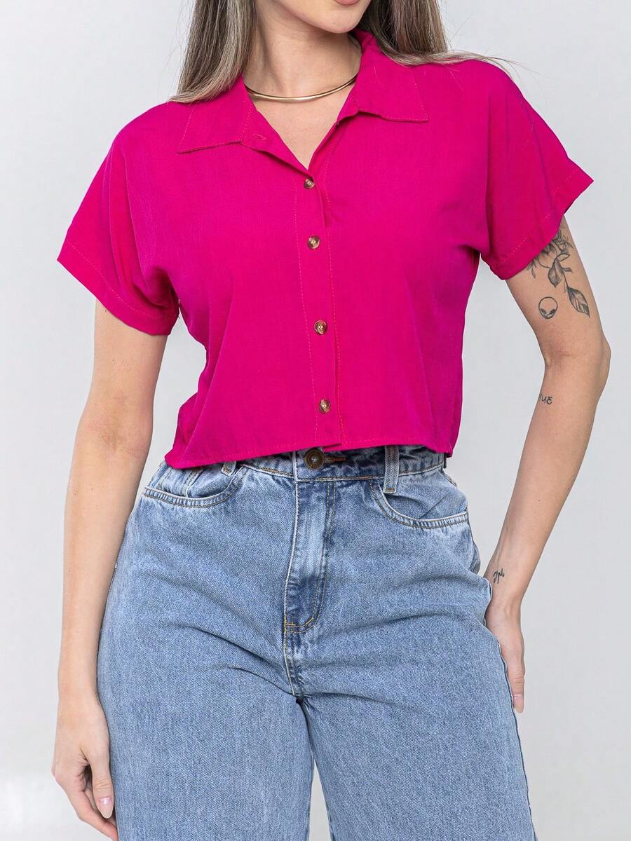 Women's Shirt Blouse Buttons Viscose Fresh Summer Comfortable Style Best Quality - 玫紅色 - 查看 1