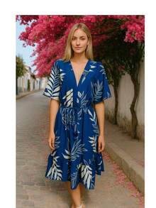 Casual Printed Summer Dress - Blue - View 2