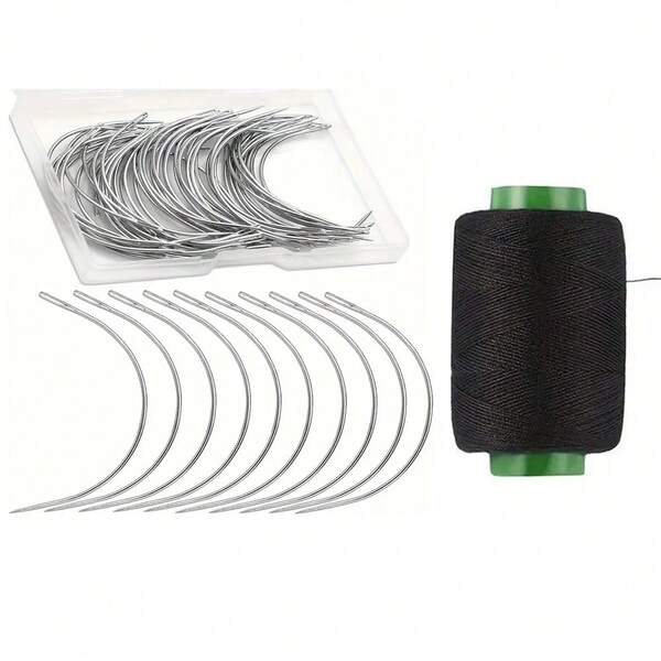 21pcs Household Sewing Needle & Thread Kit, Includes 20pcs 3-Inch Curved Needles And 1 Roll Of Thread, With Plastic Transparent Box, Suitable For Leather, Canvas, Carpet Repair, Wig Sewing, Handmade DIY Knitting And Crafts, Pointed Tip For Precise Stitching And Weaving