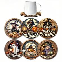 4/6pcs Halloween Pumpkin & Ghoul Round Coasters, Ghost & Witch Design, Holiday Table Decor Heat Insulation Pads, Halloween Decorations, Suitable For Home And Party