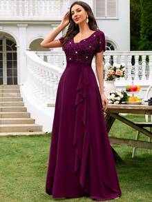 MIUSOL Đầm maxi dạ hội bằng chiffon phối ren đính sequin, cổ chữ V sâu, phối màu nổi bật, thích hợp cho khách dự đám cưới, lễ tốt nghiệp, tiệc gala và các dịp khác. - Màu Tím - Xem 6