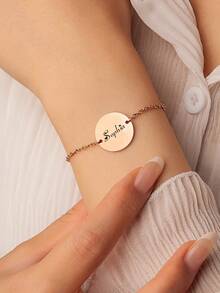 Customized Personalized Bracelet Engraved With Name And Stainless Steel Birth Gift Mom Bridesmaid Gift Classic Stainless Steel Round Coin Bracelet With Pendant Adjustable Women's Calligraphy Letters Handmade Bracelet Commemorate Date With Name Family Jewelry