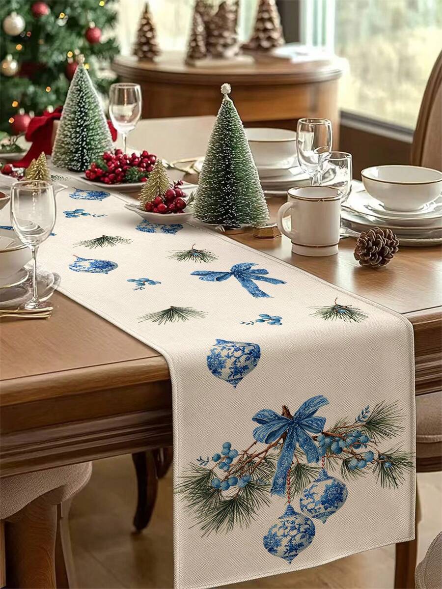 1 pieza Camino de mesa estilo porcelana china para decoración navideña, Camino de mesa tipo lino para Navidad, Camino de mesa, Camino de mesa, 1 pieza Camino de mesa, 4 piezas Individuales, 1 pieza Funda de cojín, 3 productos disponibles, Decoración de hogar de temporada para interiores/exteriores para invierno, Decoración navideña para el hogar, Decoración navideña para habitaciones, Decoraciones para fiestas de Navidad