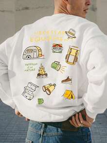 男士休闲街头风“野花绽放”卡通露营图案印花圆领卫衣，秋冬款，长袖上衣 - 白色 - 查看 1