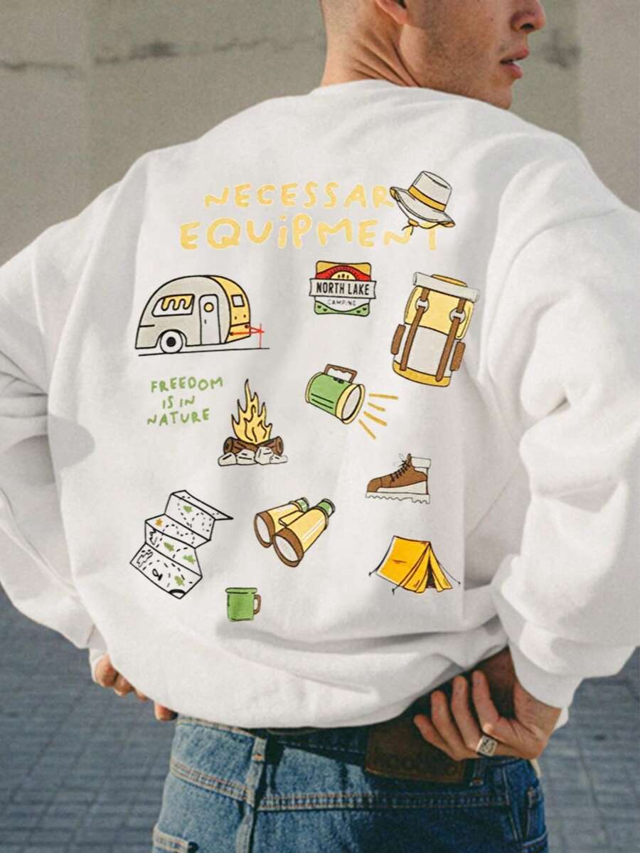 男士休闲街头风“野花绽放”卡通露营图案印花圆领卫衣，秋冬款，长袖上衣 - 白色 - 查看 1