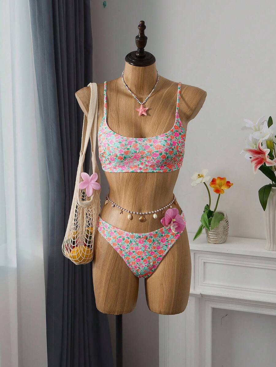 Bellisia Summer Beach Women Vacation Floral Print Simple Fashion Bikini Set With Separated Swimwear - Multicolor - View 1