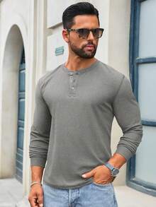 Mens Sweater Henley Shirts Long Sleeve Waffle Knit Button Casual Lightweight Tops Fall Clothes For Men - 灰色 - 查看 2