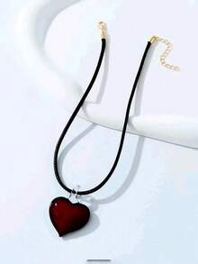 1pc Stylish Elegant Heart Shaped Glass Wax Cord Necklace Suitable For Women To Wear On Festival Occasions Valentines,Mom,Mother,Mother's Day,Gift - Màu Đỏ Sâu - Xem 4