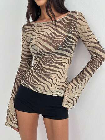 1pc Patterned Polyester Sheer T-Shirt, Suitable For Beach, Holiday And Everyday Wear, Autumn/Winter