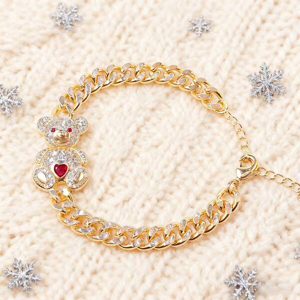 Weihnachts-/Orientalisch-Bohemien 24 Karat vergoldeter Teddybär Armband mit rotem Herz für Frauen, süßer Retro-Punk-Stil, geeignet für den täglichen Gebrauch, eine ausgezeichnete Wahl für hochwertige Geschenke