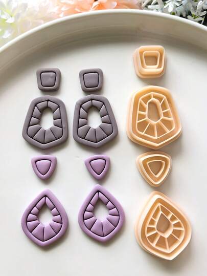 2/4件套优雅不对称几何图案聚合物粘土切割器套装，波西米亚风格高精度DIY珠宝制作套装，耳环粘土工具，几何条纹压花粘土切割器