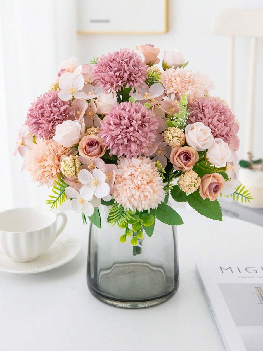 1/3/80PCS Artificial Flowers Rose Bouquets Hydrangea Peony, Artificial Flowers Fake Plant For Winter Decorations, Birthday Gifts, Holiday Essentials, Bedroom Decorations, Room Decorations, Home Decorations - Light Brown - View 1