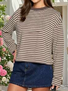 Women Striped Long Sleeve Baggy T Shirts Y2k Vintage Stripes Oversized Boxy Tees Cropped Tops Lionesss Stripped Sweatshirt Fall Preppy Teen Girl Clothes - 棕色 - 查看 2