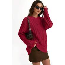 2025  Women's Oversized Cable Knit Crewneck Sweaters - 紅色 - 查看 5