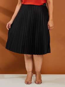 Plus Size Pleated Midi Skirt With Lined Elastic Waist - 黑色 - 查看 4