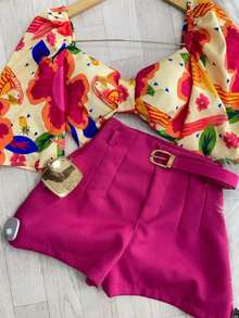Women's Tailored Shorts With Belt And Pocket - Rose Red - View 1