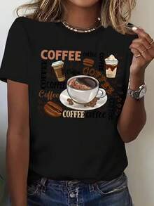 Camiseta playera básica gráfica estampada casual dama mujer manga corta cuello redondo look casual relajado cómodo versátil fresca ligera colorido diseño taza café coffee lover aestheric letras estilo urbano moda juvenil - Negro - Ver 1