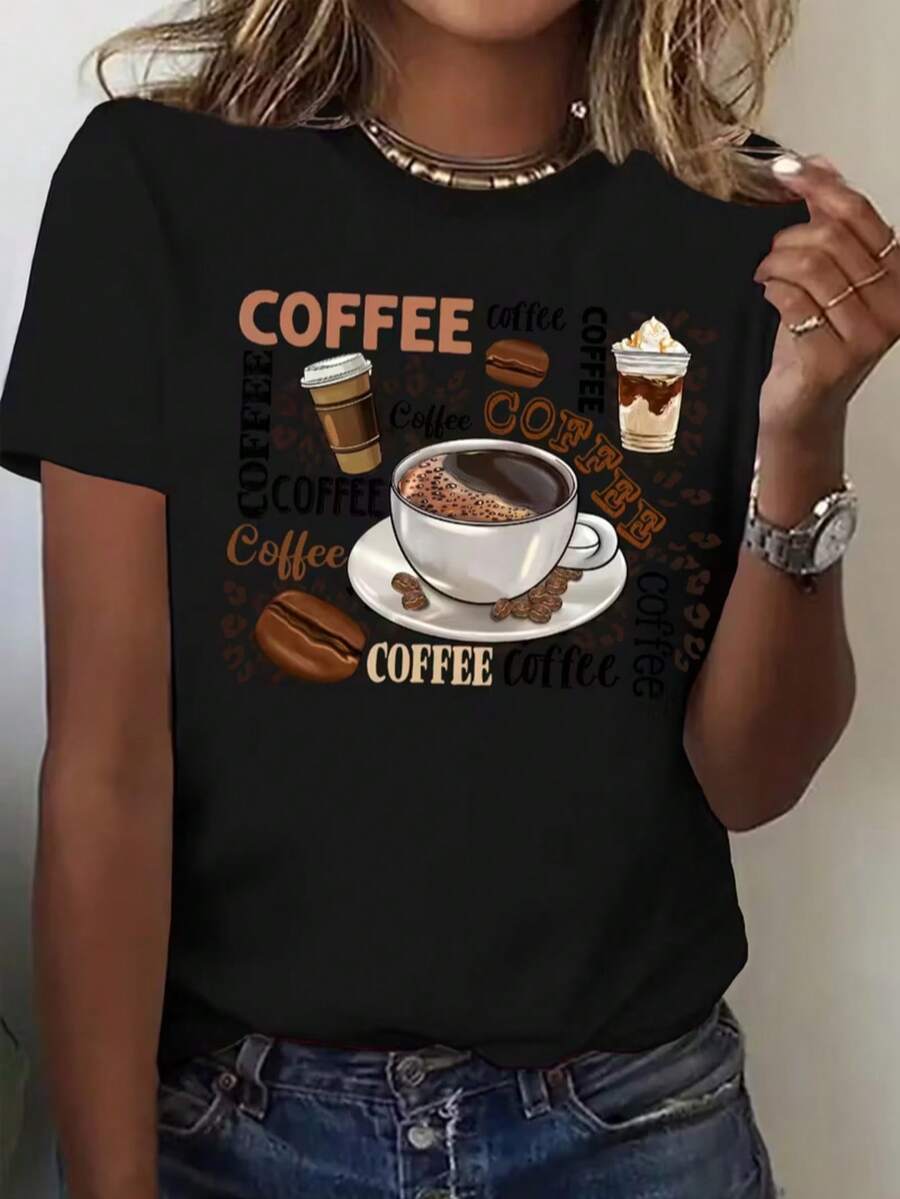 Camiseta playera básica gráfica estampada casual dama mujer manga corta cuello redondo look casual relajado cómodo versátil fresca ligera colorido diseño taza café coffee lover aestheric letras estilo urbano moda juvenil - Negro - Ver 1