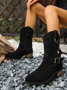 Botas de vaquera con cuentas para mujer, estilo europeo y americano, nueva moda otoño/invierno 2025 con hebilla y tacón grueso, punta afilada, botas de vestir