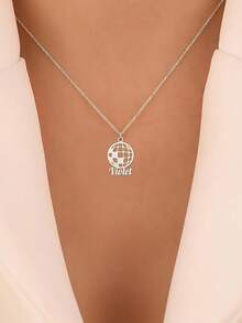 1 pieza Collar con colgante de bola de discoteca personalizada - Colgante de acero inoxidable dorado con grabado personalizado "Púrpura", joyería de estilo vintage para festivales de música y bares de karaoke, estilo de moda hip hop