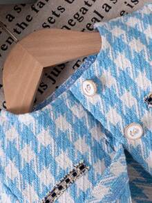 3pcs/Set Toddler Girls' Fashionable Red Plaid Jacket, Turtleneck Top & Rose Button Skirt, Autumn/Winter - Blue - View 4