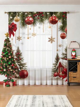 1pc Christmas Decorative Sheer Curtain, Gold Flower, Gold Balloon, Pine Branch, Christmas Tree, Pole Design, Suitable For Living Room, Bedroom, Patio, Villa, Salon, Holiday Party, Christmas Party, Kitchen Decor, 100g/Sqm Home Decor Christmas Decorations Room Decor Christmas Decorations Home