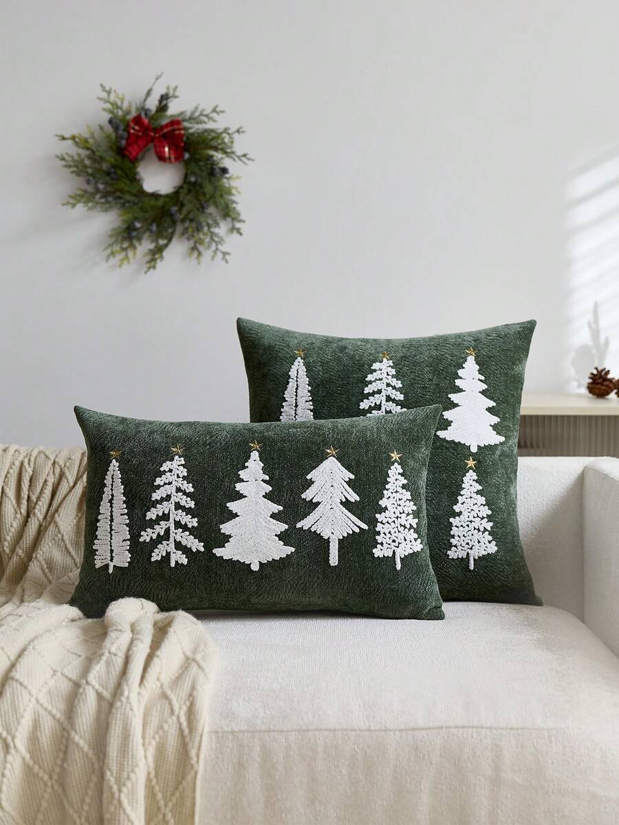 1 buah Sarung Bantal Bordir Pohon Natal Hijau, Cocok untuk Dekorasi Dalam Ruangan, Sarung Bantal Dekoratif Natal, Isian Bantal Tidak Termasuk