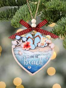 Ocean Style Christmas Ornament, I Love The Beach, Heart-Shaped Ocean Christmas Home Decor, Shell Flip Flops Summer Elements Double Layer Wooden Home Decor, Christmas Tree Hanging Decorations, Christmas Holiday Party Home Decor