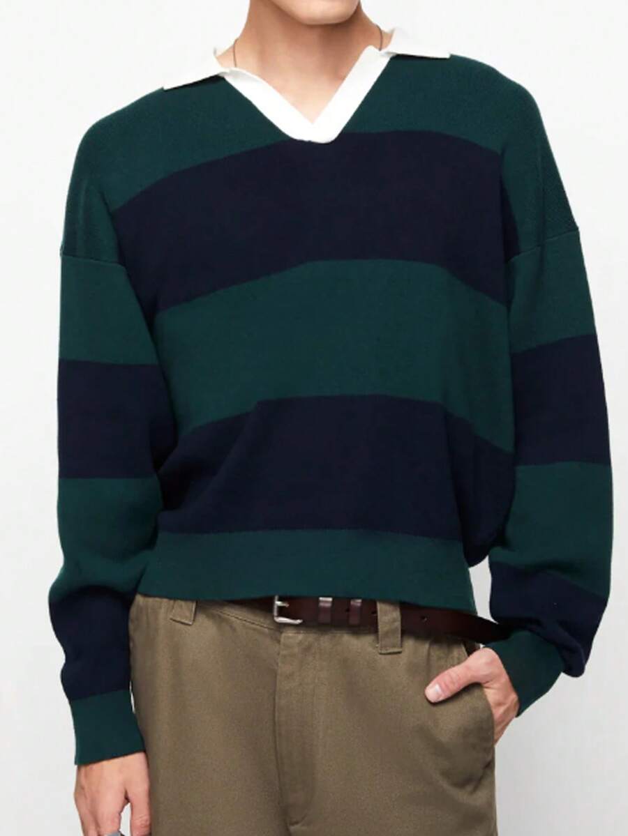 Herren Lässig Farbblock gestreiftes Langarm Poloshirt, Herbst