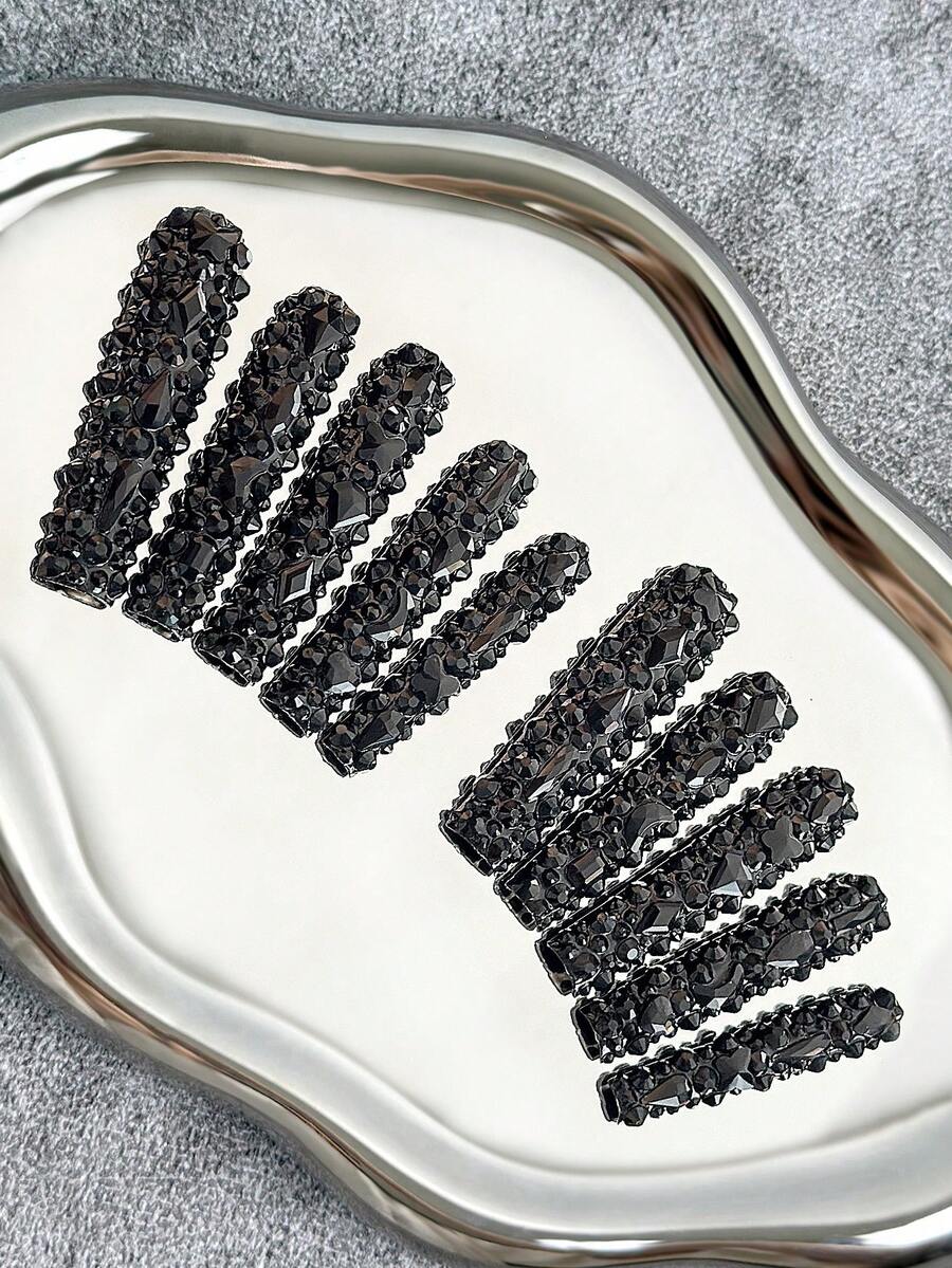 56mm Unghie quadrate extra lunghe fatte a mano, con punte di colore solido dai toni scuri, design minimalista con glitter e strass 3D full cover - Unghie finte fatte a mano con glitter per feste, uso quotidiano, eventi speciali e arte di unghie creativa - 10 pezzi/confezione