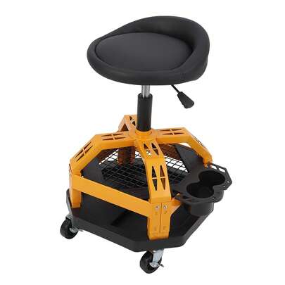 Rolling Shop Stool With Wheels, Garage Work Mechanic Stool With Backrest, Roller Mechanic Chair, Adjustable Height, 360° Swivel, Tool Tray Storage