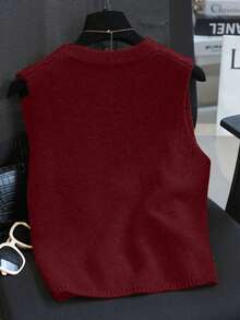 1 Áo len cardigan không tay cổ chữ V cài nút màu trắng trơn - Màu Đỏ Sâu - Xem 2