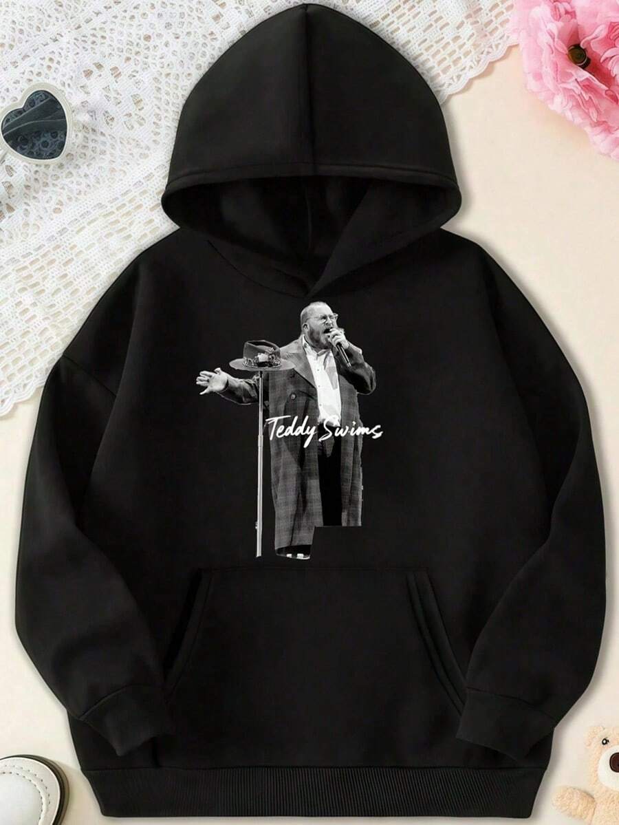 Teddy Swims Stage Performance Monochrome Teddy Swims Print Music Themed Hoodie,Fall Hoodies,Men's Fall Clothes,Street Wear,Halloween,Mens Hoodies,Y2k Clothes,Jesus Hoodie,Thanksgiving Day,Nightmare Before Christmas,Christmas - 黑色 - 查看 1