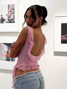 Camiseta sin mangas de cuello redondo para mujer, Sexy Irregular Backless Ruffle Short Top, Summer Street Casual Wear - Rosa - Ver 4