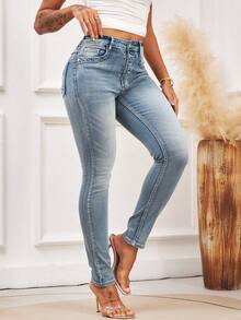 Women's Mid-Rise Skinny Jeans - Stretchy Denim, Button Fly, Classic Washed Slim Fit, Versatile Casual Wear - Light Wash - View 3