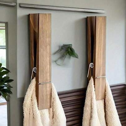 Giant Clothes Clip Bathroom Towel Rack, Extra Large Wooden Clip Towel Rack Set, Suitable For Bathroom, Farmhouse Style Wall-Mounted Towel Rack, Multi-Functional Home Laundry Decor, Towel Rack Or Hook, Bathroom Accessories Wall Decor