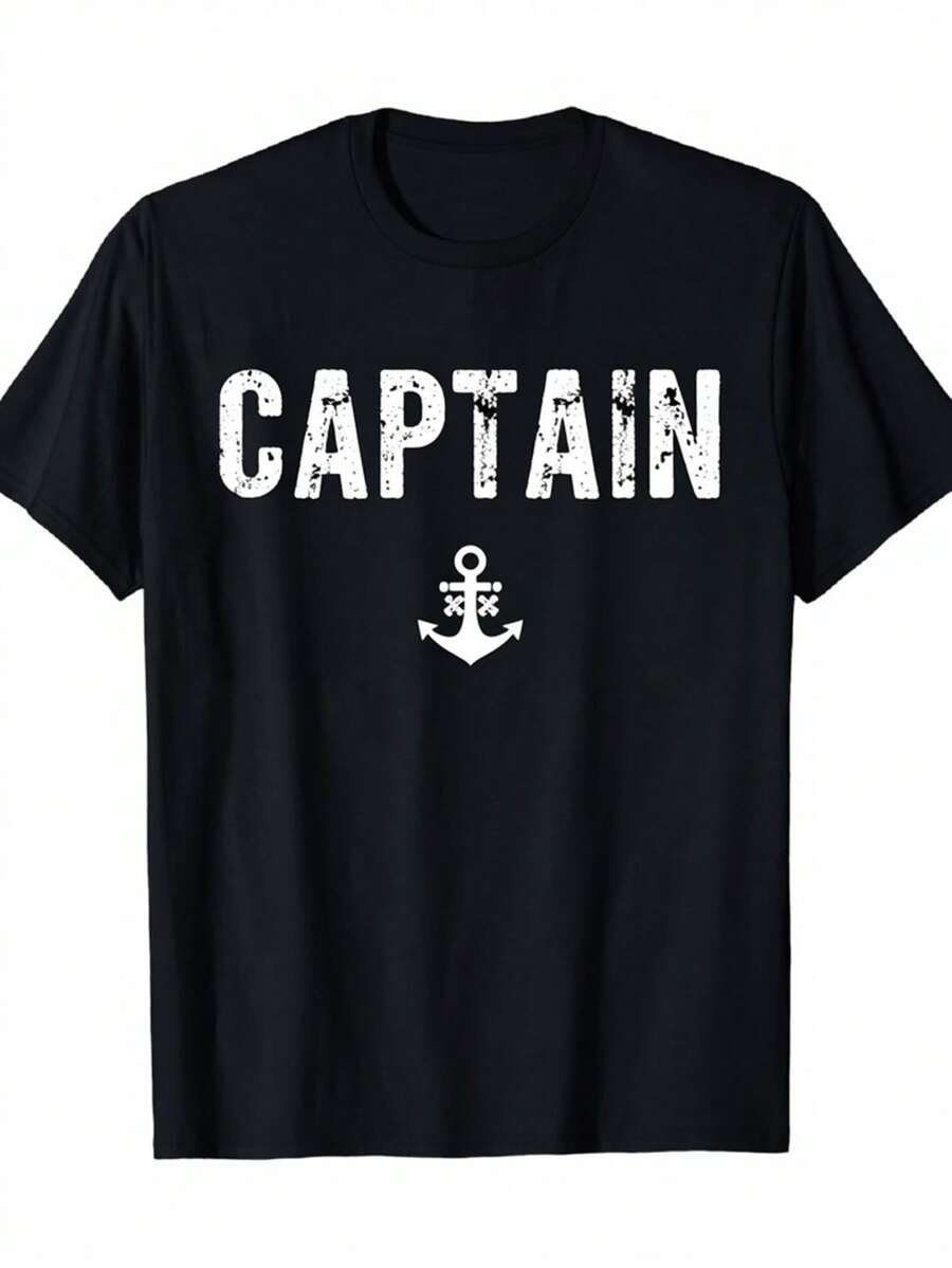 Men'S Vintage Nautical Captain Anchor Print T-Shirt - Heavyweight 2025 GSM Pure Relaxed Fit Crew Neck Short Sleeve Tee With Maritime Anchor & Captain Lettering For Casual, Cycling, Beachwear - All-Season Comfort Black Crewneck Top, Cycling Apparel - màu đen - Xem 1