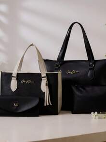 Kit 4 Anjik Medium Women's Bags + Wallet + Tote Bag + Toiletry Bag, Zipper Closure, Synthetic PU, Everyday Bag, Luxurious, Elegant, Party, Work, School, University. Gaby Show - Black - View 2