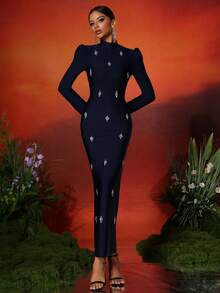 LOVE Aing Women's Black, Navy Blue, Olive Green Handcrafted Rhinestone Embellished Long Sleeve Formal Evening Gown With Back Slit, Luxurious & Elegant For Ramadan Banquet, Business Occasions - Navy Blue - View 10