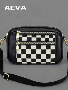 Black & White Plaid Patchwork, 5 Zipper Pockets, With Inner Pouch, Card Slots, Lightweight Compact Crossbody Bag, Elegant Retro Style, Adjustable Solid Black Wide Strap, Suitable For Shopping, Dating, College Classes - Black - View 5