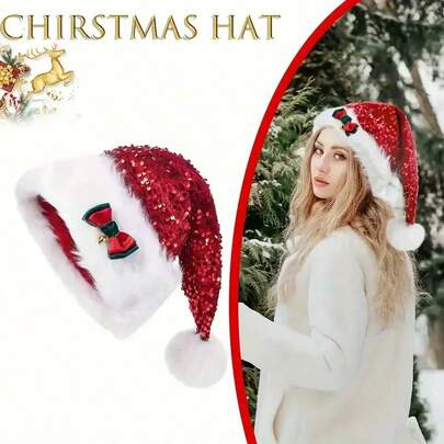 Christmas Hat With Red Sequins And Bow Design Warm Plush Decorative Hat, Christmas Enlarged And Thickened Long Haired Hat Suitable For Christmas Parties, Holiday Celebrations, Decorative Hats, And Role-Playing