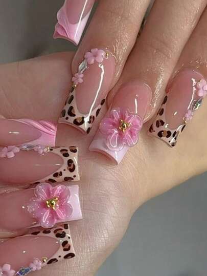 10pcs - Y2K Style Leopard Print Pink Flower Press On Nails, Pink Flower Gold Bead Square Nails - Leopard Print Design, Nude Pink Gradient, Sparkling Diamond Embellishment Fake Nails - Essential Nail Art For Autumn And Winter, Suitable For Daily, Party, And Outdoor Use - The Best Gift For Ladies And Women Nail Supplies