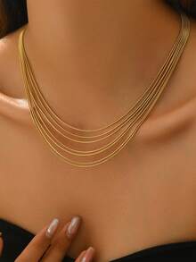 1 chiếc dây chuyền thép không gỉ kiểu dáng tối giản, mảnh mai, 7 lớp, thích hợp để đeo hàng ngày. - Vàng - Xem 3