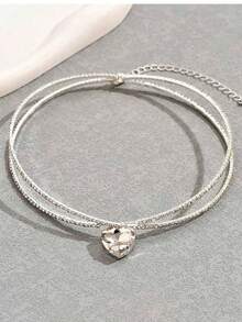 1pc Women's Fashion Heart-Shaped Double Row Rhinestone & Zirconia Luxurious Party Open Choker Necklace, Suitable For Party Wear - Silver - View 2