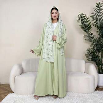 Simple Green Kaftan Jalabiya, Made Of Non-Stretch Fabric, Regular Sleeves And Fashionable Bow Decor, Open Neckline Design